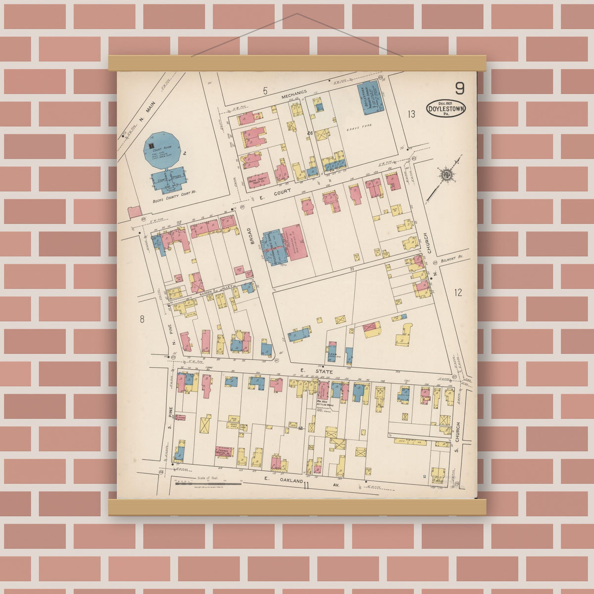Old map wall art mockup — magnetic wood frame on brick wall — Sanborn Fire Insurance Map from Doylestown, Bucks County, Pennsylvania (1922), Sheet #0009