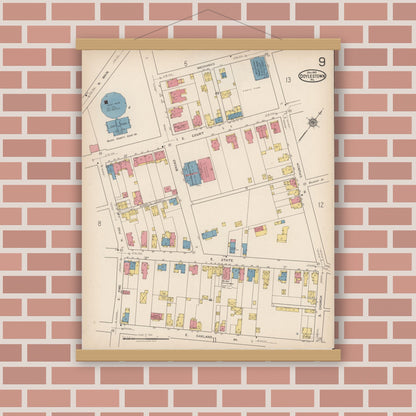 Old map wall art mockup — magnetic wood frame on brick wall — Sanborn Fire Insurance Map from Doylestown, Bucks County, Pennsylvania (1922), Sheet #0009