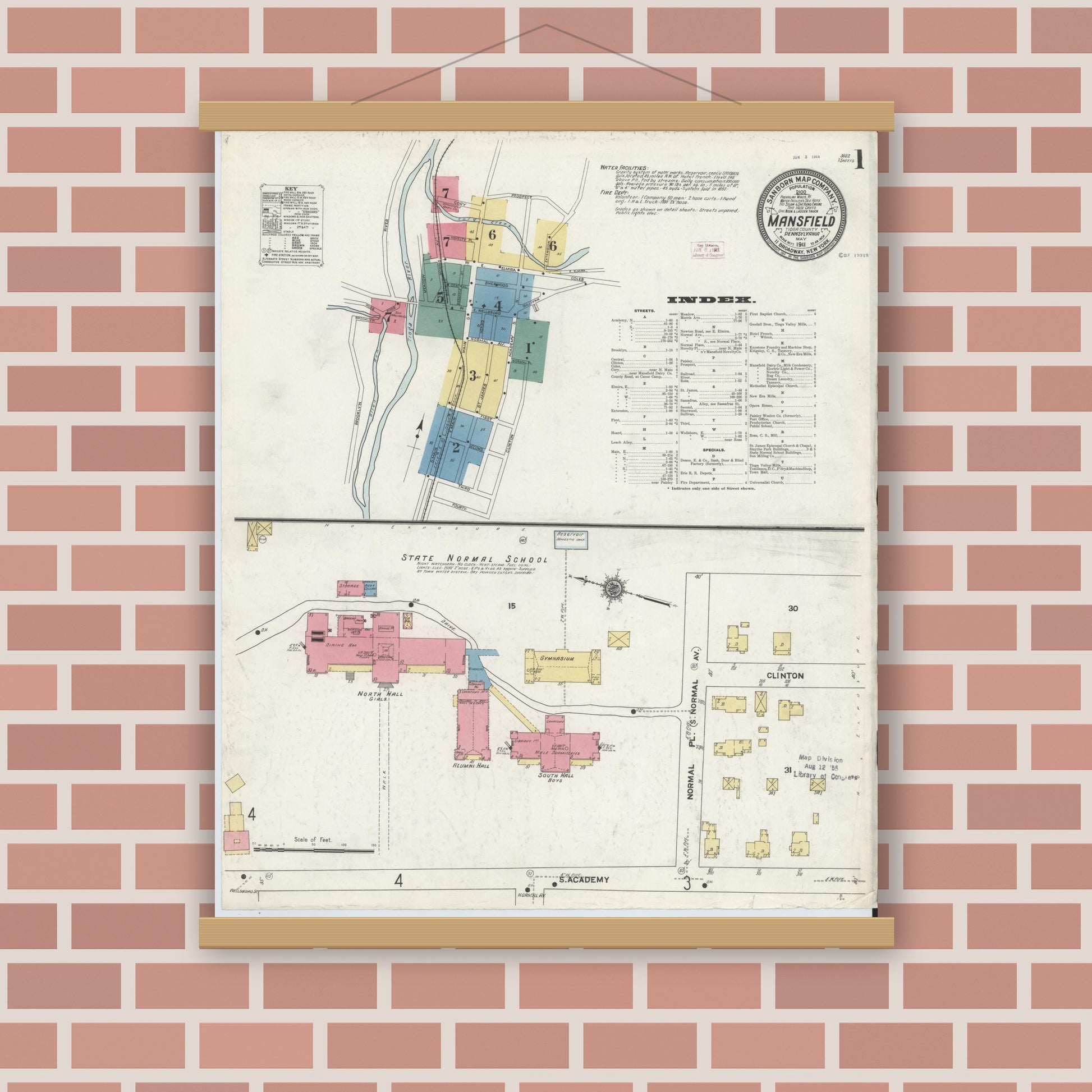 Old map wall art mockup — magnetic wood frame on brick wall — Sanborn Fire Insurance Map from Mansfield, Tioga County, Pennsylvania (1911), Sheet #0001