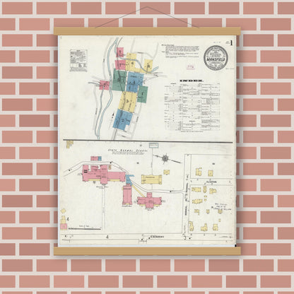 Old map wall art mockup — magnetic wood frame on brick wall — Sanborn Fire Insurance Map from Mansfield, Tioga County, Pennsylvania (1911), Sheet #0001