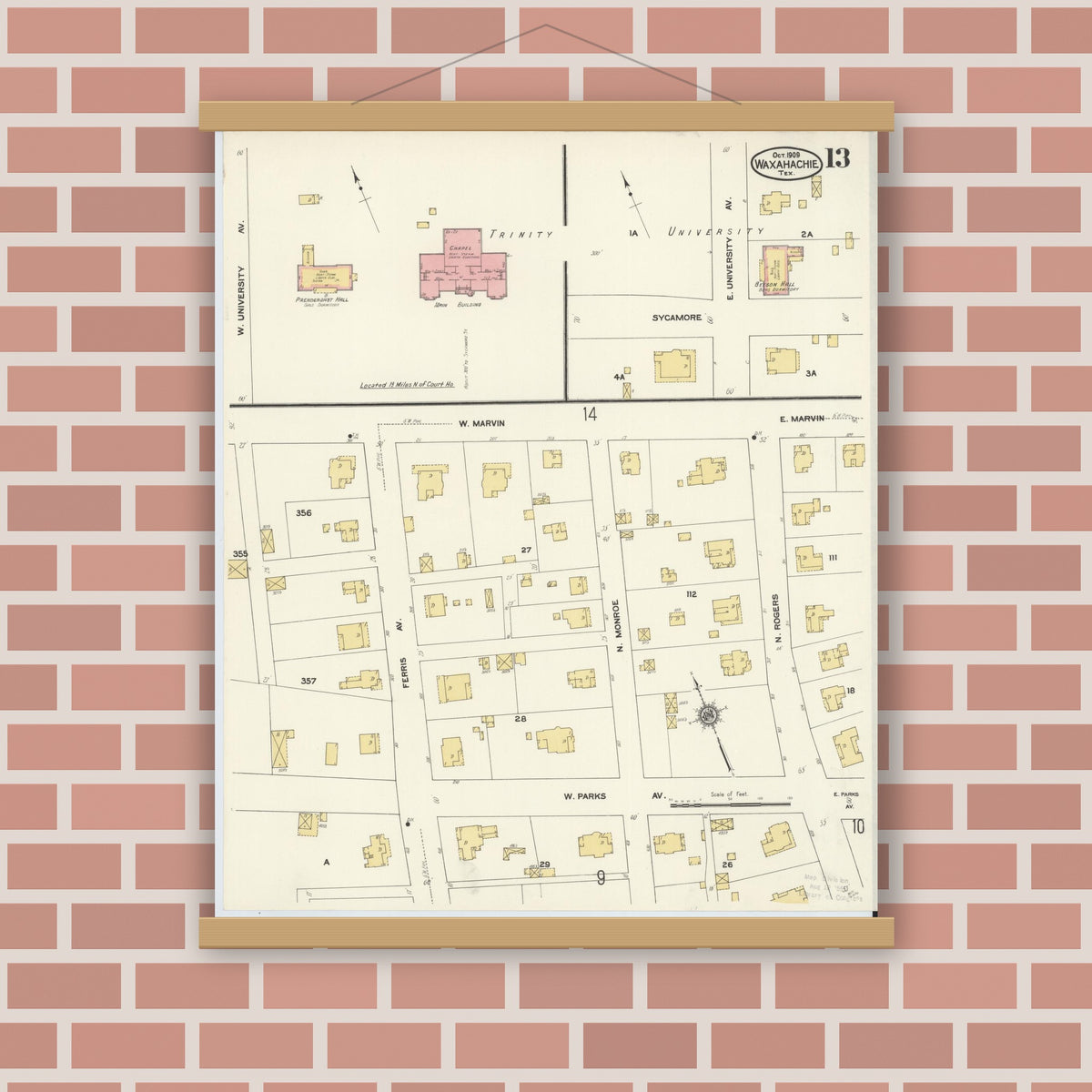 Old map wall art mockup — magnetic wood frame on brick wall — Sanborn Fire Insurance Map from Waxahachie, Ellis County, Texas (1909), Sheet #0013