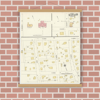 Old map wall art mockup — magnetic wood frame on brick wall — Sanborn Fire Insurance Map from Waxahachie, Ellis County, Texas (1909), Sheet #0013