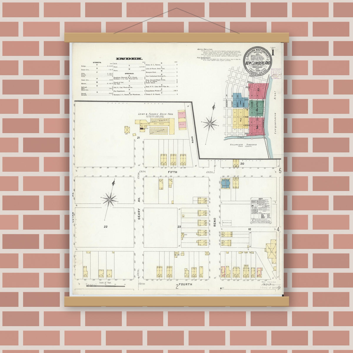 Old map wall art mockup — magnetic wood frame on brick wall — Sanborn Fire Insurance Map from New Cumberland, Cumberland County, Pennsylvania (1908) - Complete Map Set