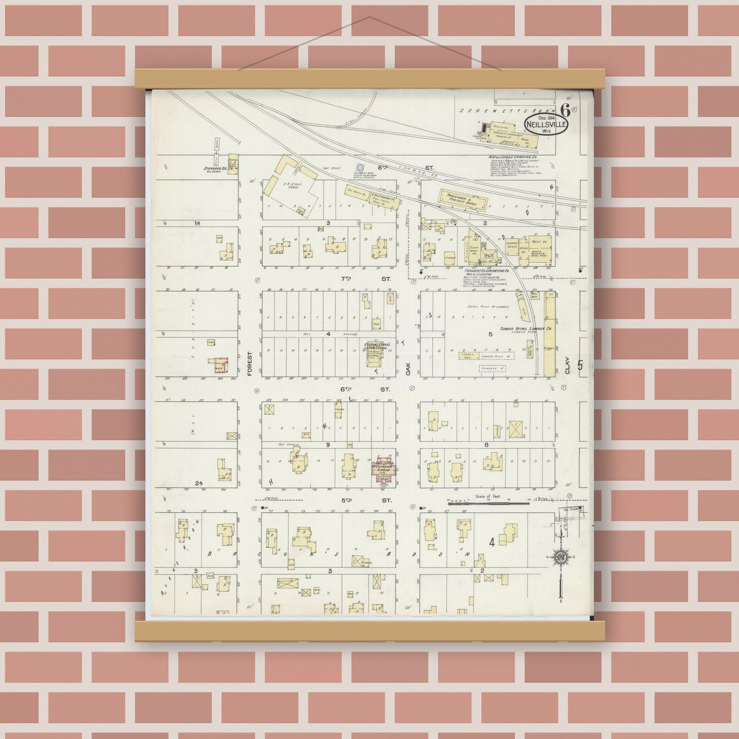 Old map wall art mockup — magnetic wood frame on brick wall — Sanborn Fire Insurance Map from Neillsville, Clark County, Wisconsin (1914), Sheet #0006