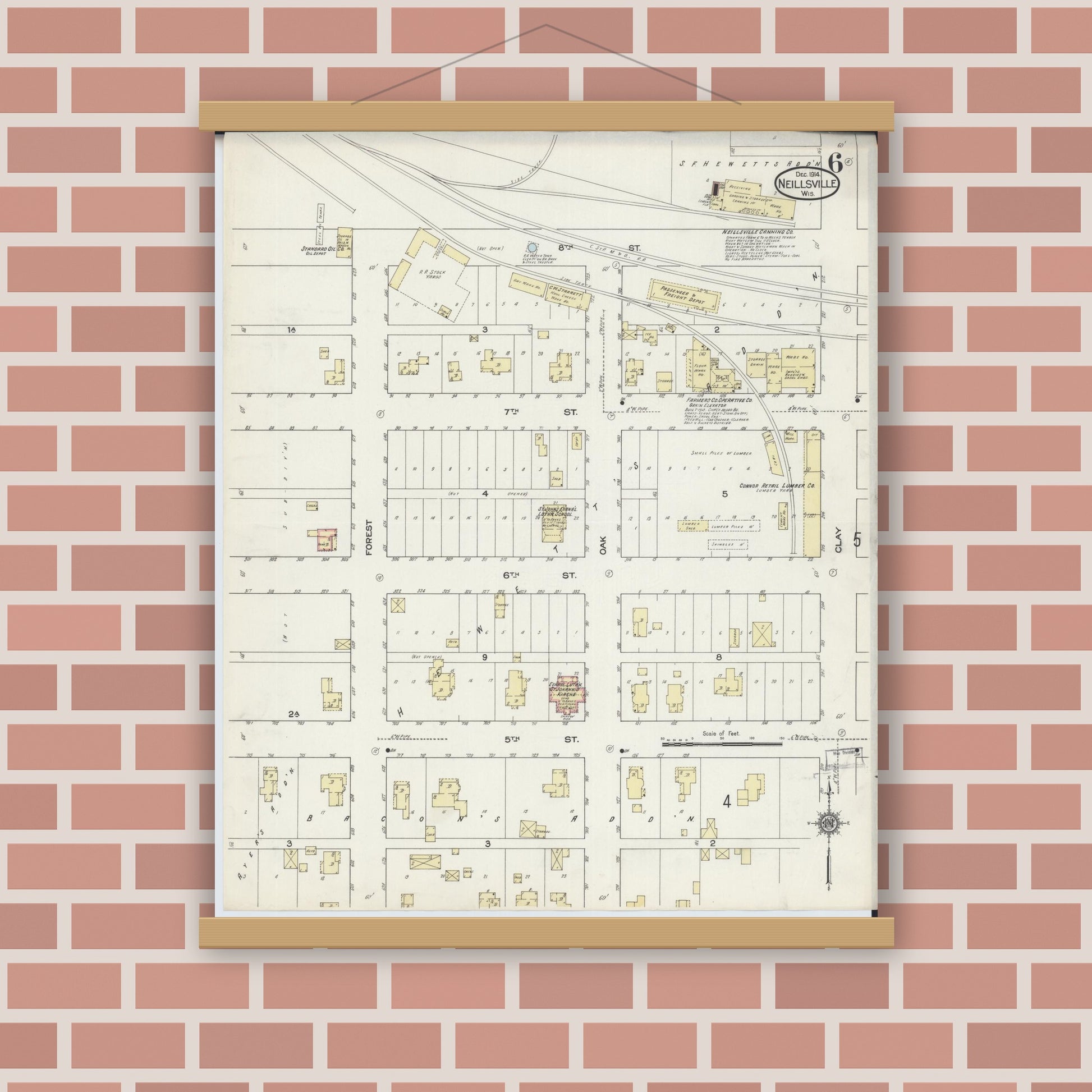 Old map wall art mockup — magnetic wood frame on brick wall — Sanborn Fire Insurance Map from Neillsville, Clark County, Wisconsin (1914), Sheet #0006