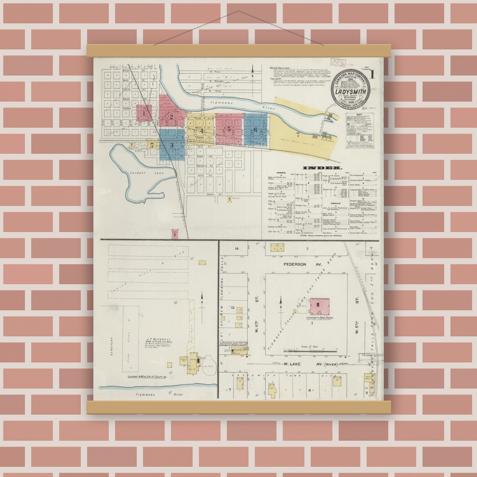 Old map wall art mockup — magnetic wood frame on brick wall — Sanborn Fire Insurance Map from Ladysmith, Rusk County, Wisconsin (1909) - Complete Map Set
