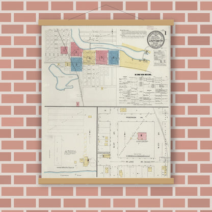 Old map wall art mockup — magnetic wood frame on brick wall — Sanborn Fire Insurance Map from Ladysmith, Rusk County, Wisconsin (1909) - Complete Map Set