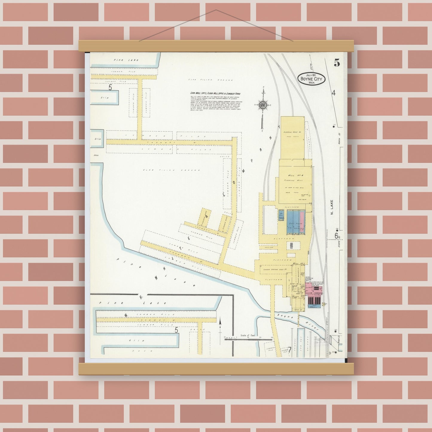 Old map wall art mockup — magnetic wood frame on brick wall — Sanborn Fire Insurance Map from Boyne City, Charlevoix County, Michigan (1911), Sheet #0005