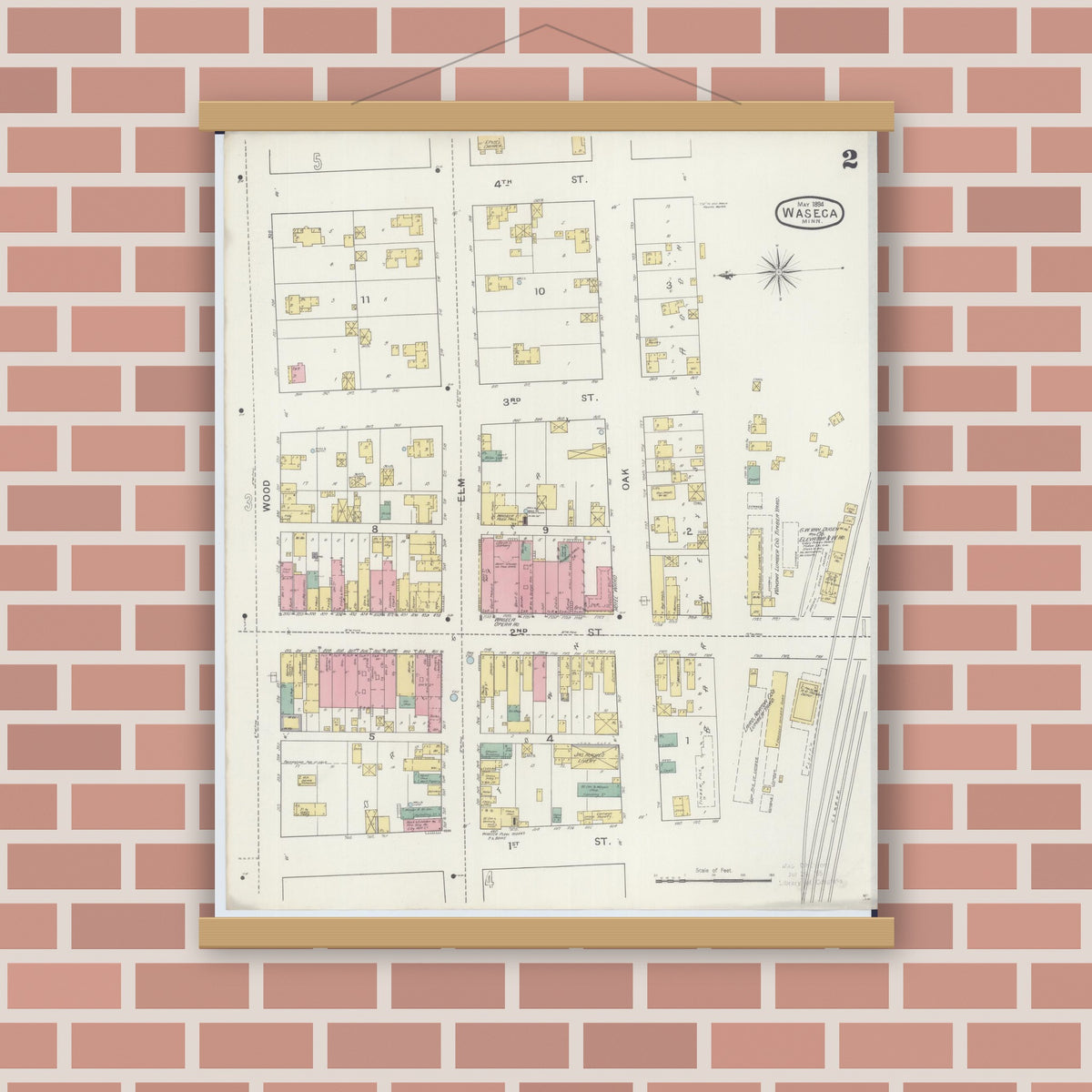 Old map wall art mockup — magnetic wood frame on brick wall — Sanborn Fire Insurance Map from Waseca, Waseca County, Minnesota (1894), Sheet #0002