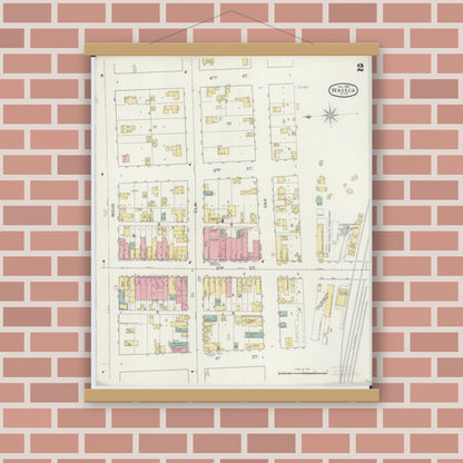 Old map wall art mockup — magnetic wood frame on brick wall — Sanborn Fire Insurance Map from Waseca, Waseca County, Minnesota (1894), Sheet #0002