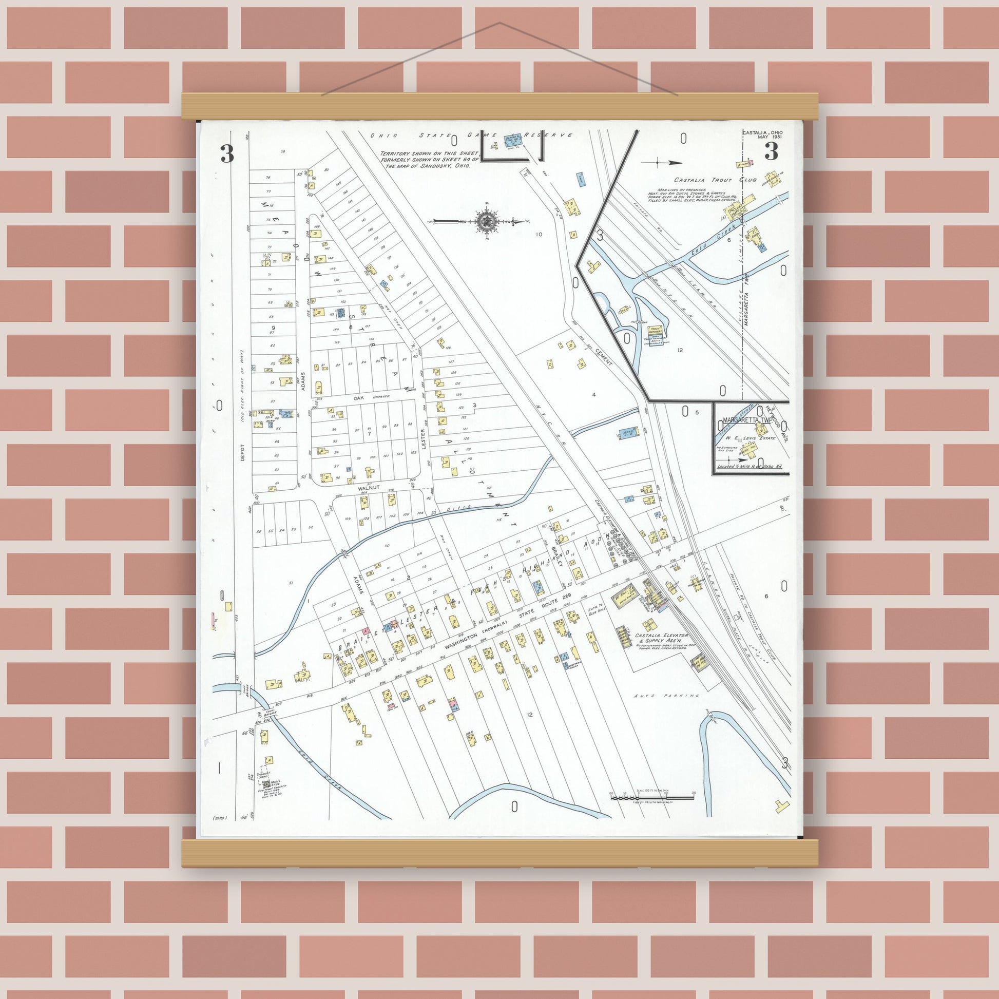 Old map wall art mockup — magnetic wood frame on brick wall — Sanborn Fire Insurance Map from Castalia, Erie County, Ohio (1951), Sheet #0003