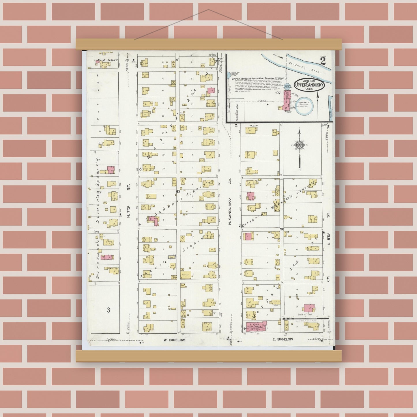 Old map wall art mockup — magnetic wood frame on brick wall — Sanborn Fire Insurance Map from Upper Sandusky, Wyandot County, Ohio (1921), Sheet #0002