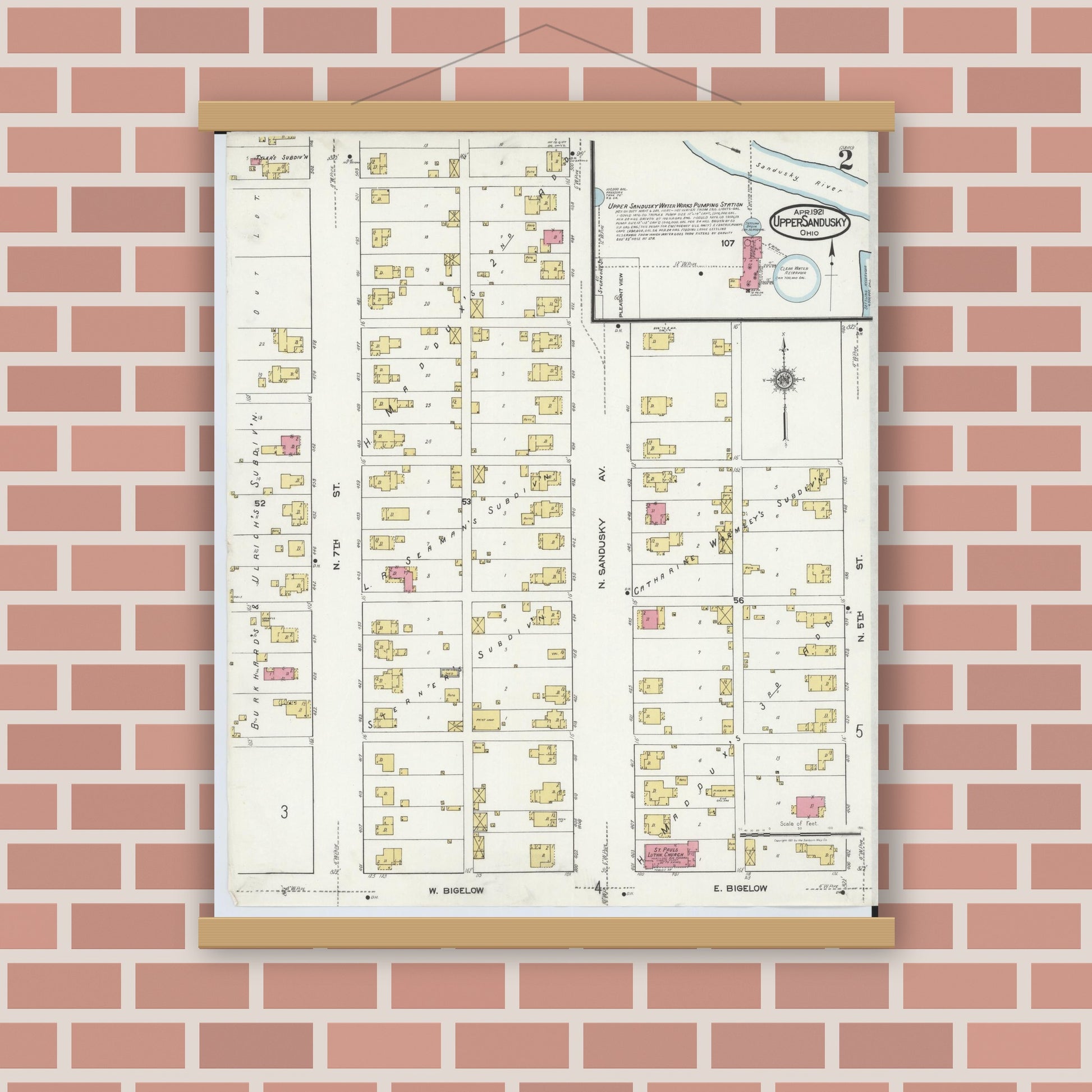 Old map wall art mockup — magnetic wood frame on brick wall — Sanborn Fire Insurance Map from Upper Sandusky, Wyandot County, Ohio (1921), Sheet #0002
