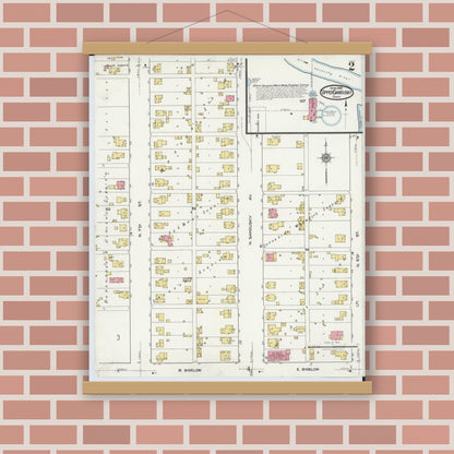 Old map wall art mockup — magnetic wood frame on brick wall — Sanborn Fire Insurance Map from Upper Sandusky, Wyandot County, Ohio (1921), Sheet #0002