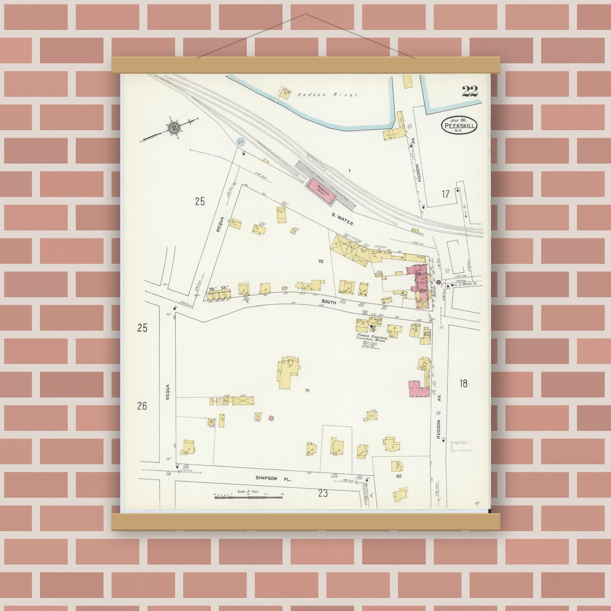 Old map wall art mockup — magnetic wood frame on brick wall — Sanborn Fire Insurance Map from Peekskill, Westchester County, New York (1911), Sheet #0022