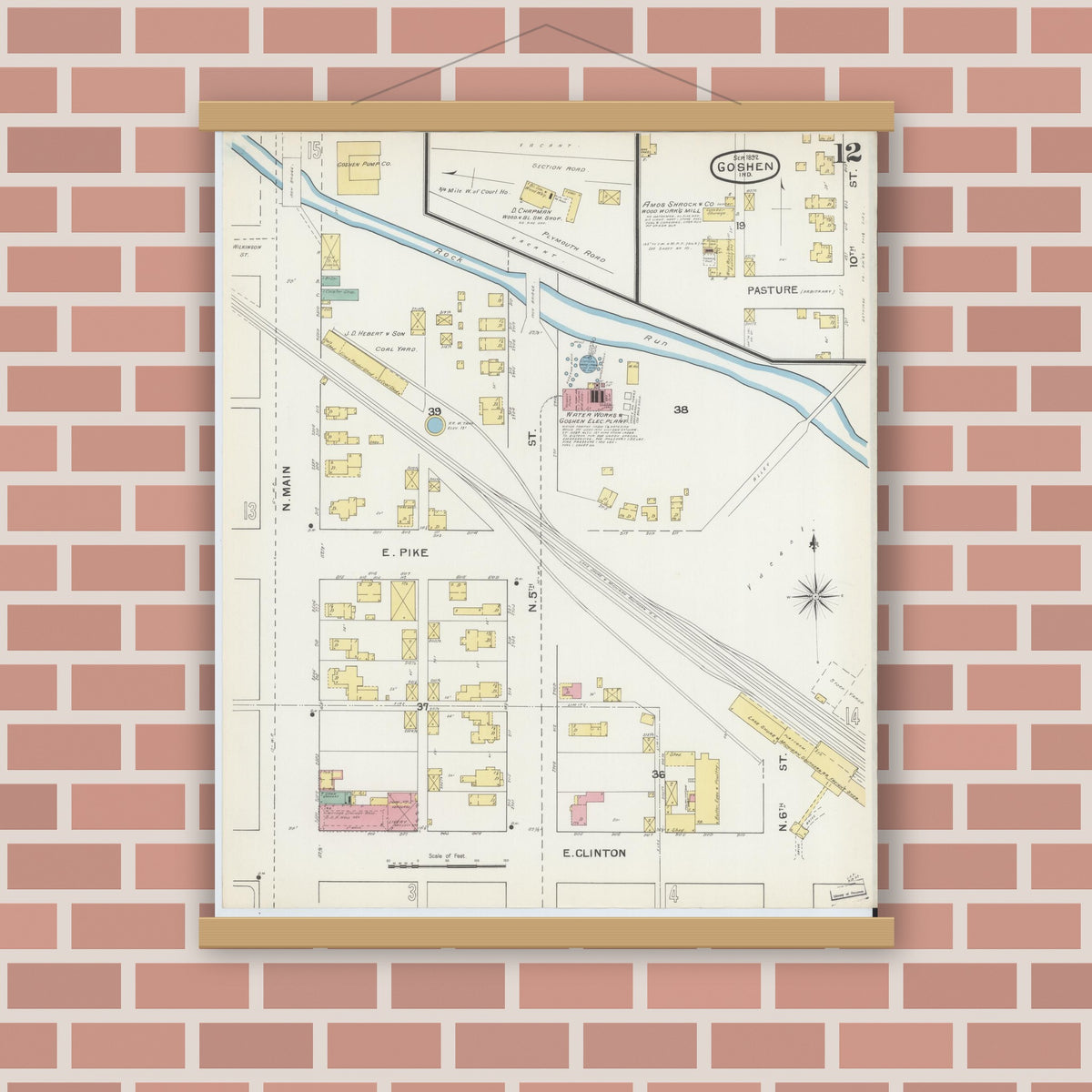 Old map wall art mockup — magnetic wood frame on brick wall — Sanborn Fire Insurance Map from Goshen, Elkhart County, Indiana (1892), Sheet #0012