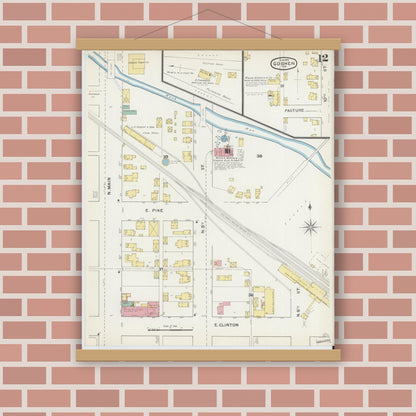 Old map wall art mockup — magnetic wood frame on brick wall — Sanborn Fire Insurance Map from Goshen, Elkhart County, Indiana (1892), Sheet #0012