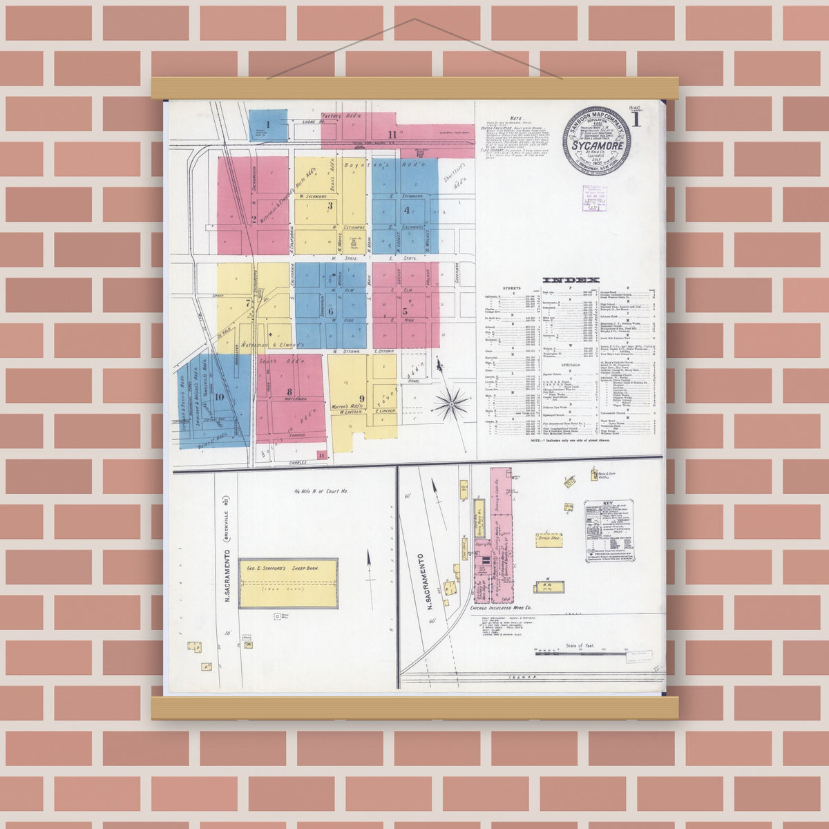 Old map wall art mockup — magnetic wood frame on brick wall — Sanborn Fire Insurance Map from Sycamore, De Kalb County, Illinois (1905) - Complete Map Set