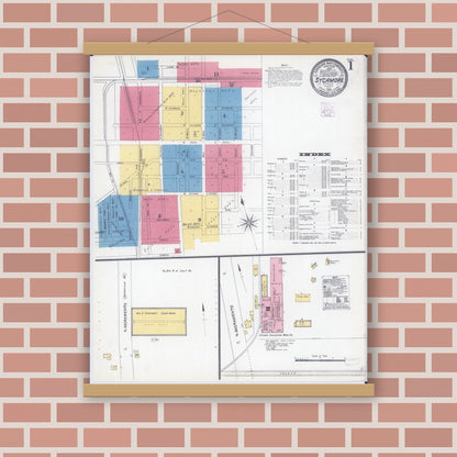 Old map wall art mockup — magnetic wood frame on brick wall — Sanborn Fire Insurance Map from Sycamore, De Kalb County, Illinois (1905) - Complete Map Set