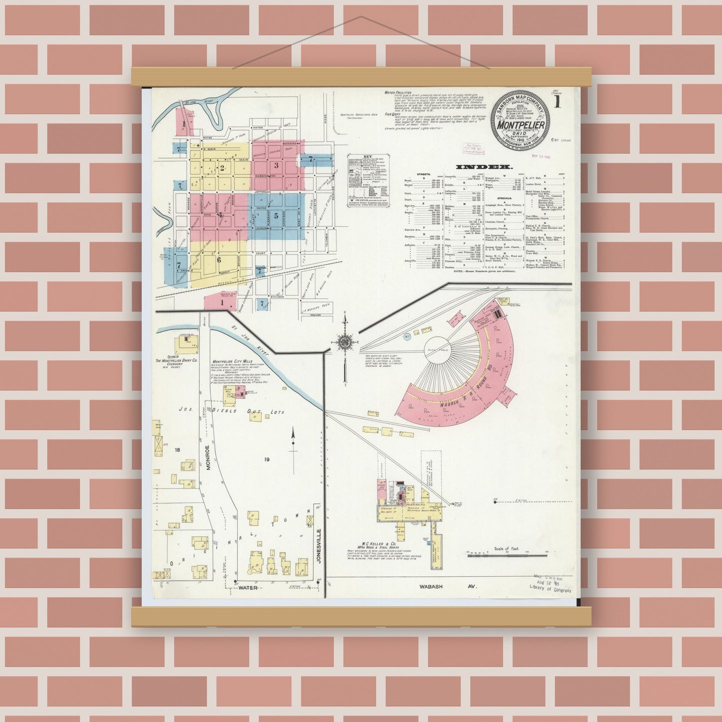 Old map wall art mockup — magnetic wood frame on brick wall — Sanborn Fire Insurance Map from Montpelier, Williams County, Ohio (1910), Sheet #0001