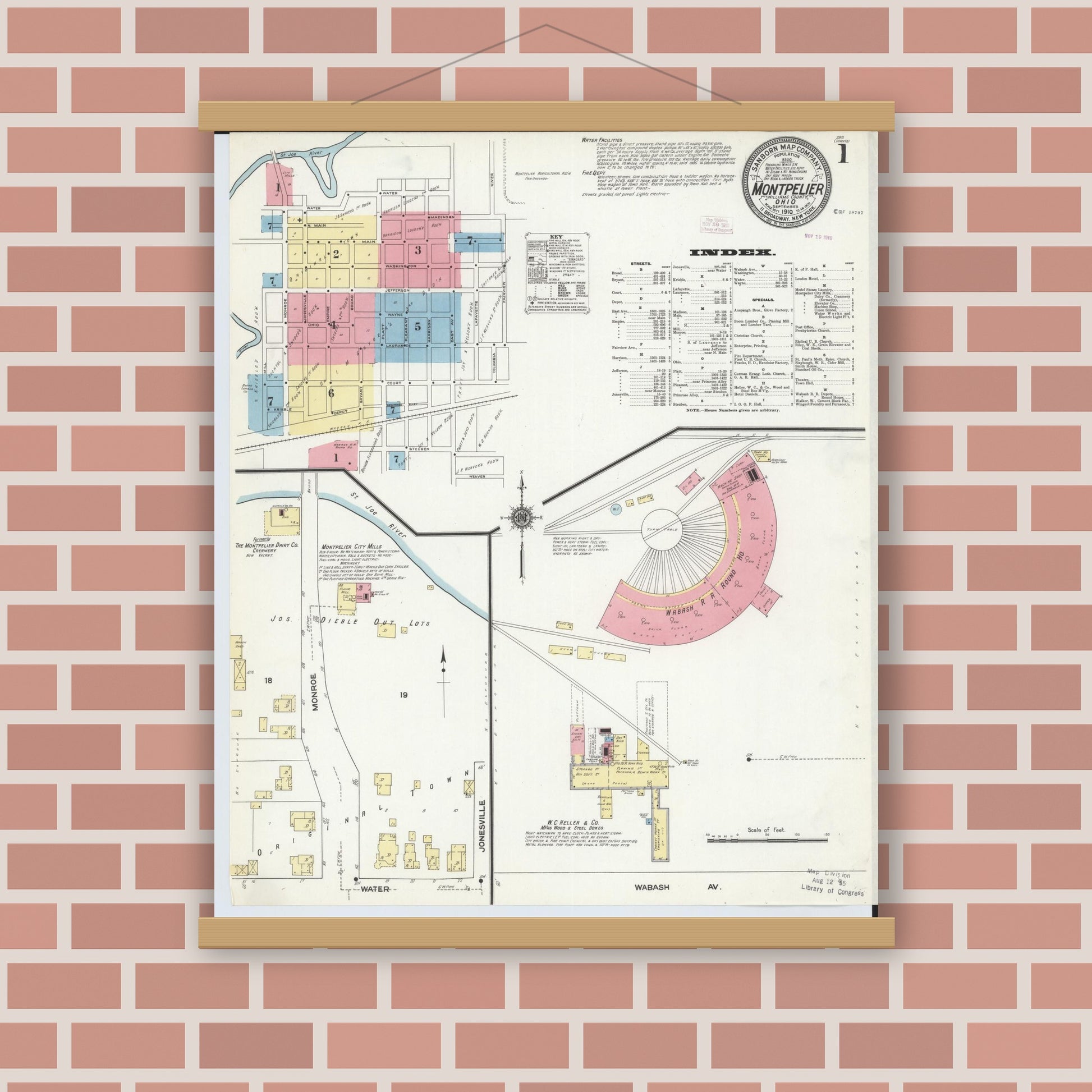 Old map wall art mockup — magnetic wood frame on brick wall — Sanborn Fire Insurance Map from Montpelier, Williams County, Ohio (1910), Sheet #0001