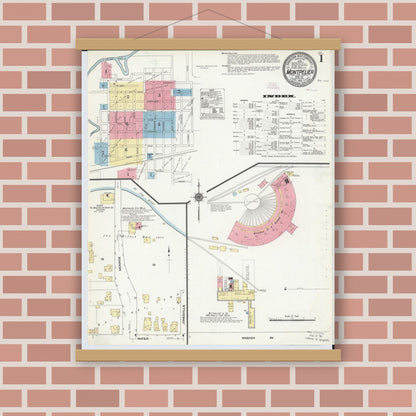 Old map wall art mockup — magnetic wood frame on brick wall — Sanborn Fire Insurance Map from Montpelier, Williams County, Ohio (1910), Sheet #0001