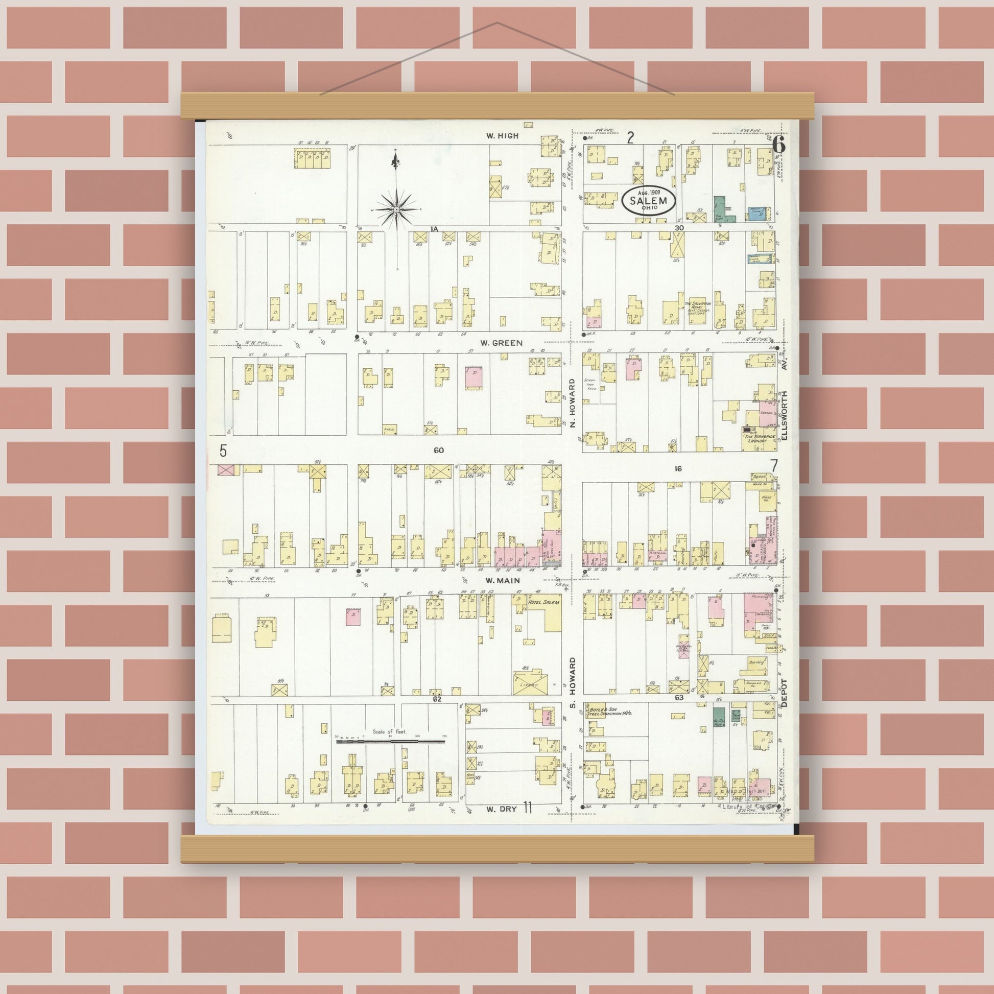 Old map wall art mockup — magnetic wood frame on brick wall — Sanborn Fire Insurance Map from Salem, Columbiana County, Ohio (1909), Sheet #0006