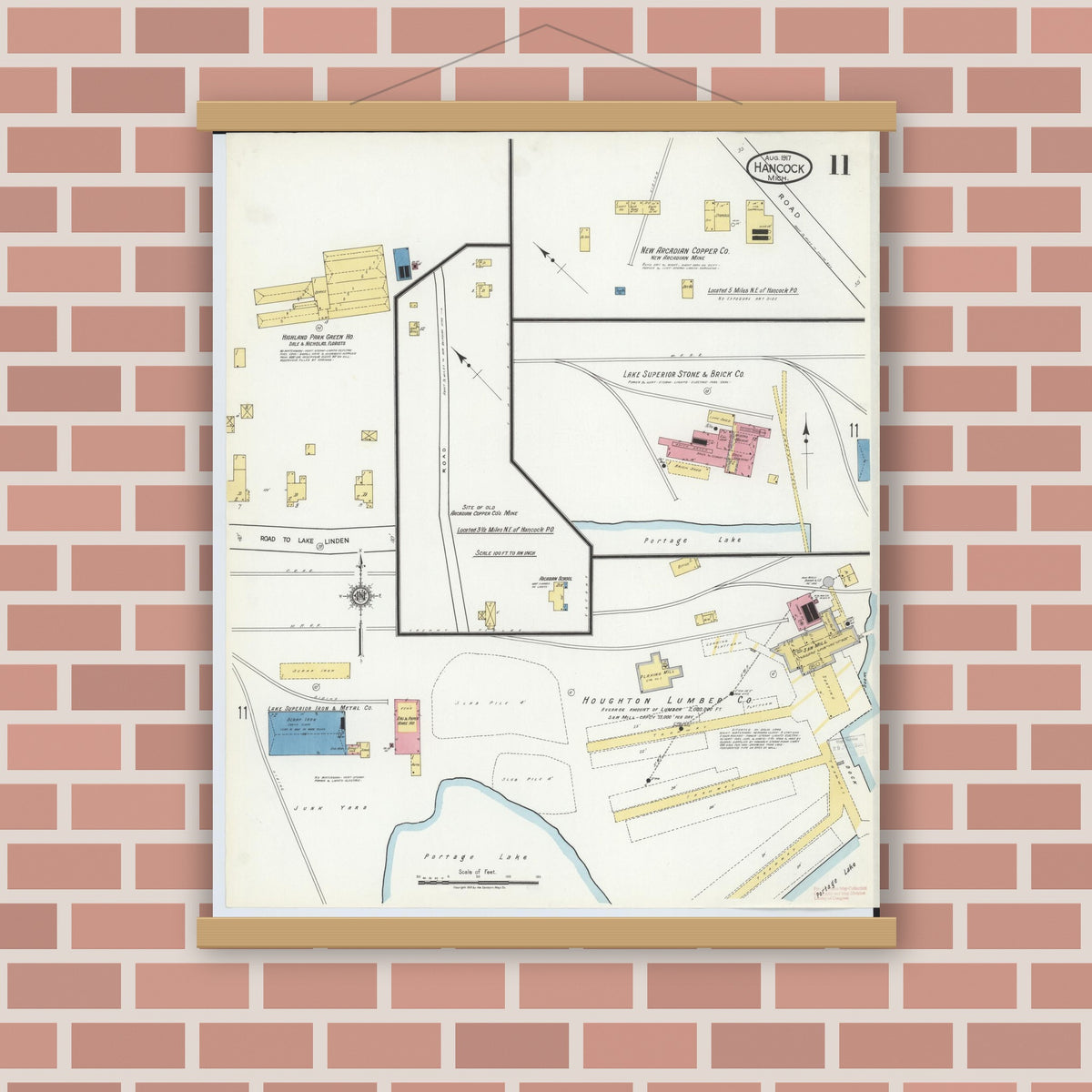 Old map wall art mockup — magnetic wood frame on brick wall — Sanborn Fire Insurance Map from Hancock, Houghton County, Michigan (1917), Sheet #0011