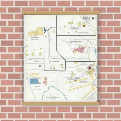 Old map wall art mockup — magnetic wood frame on brick wall — Sanborn Fire Insurance Map from Hancock, Houghton County, Michigan (1917), Sheet #0011