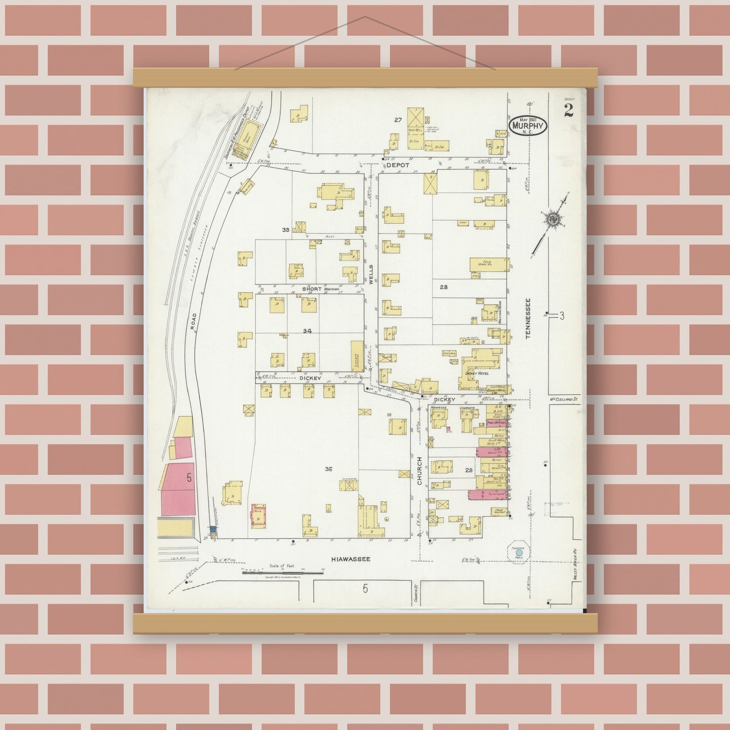 Old map wall art mockup — magnetic wood frame on brick wall — Sanborn Fire Insurance Map from Murphy, Cherokee County, North Carolina (1921), Sheet #0002