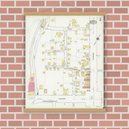 Old map wall art mockup — magnetic wood frame on brick wall — Sanborn Fire Insurance Map from Murphy, Cherokee County, North Carolina (1921), Sheet #0002