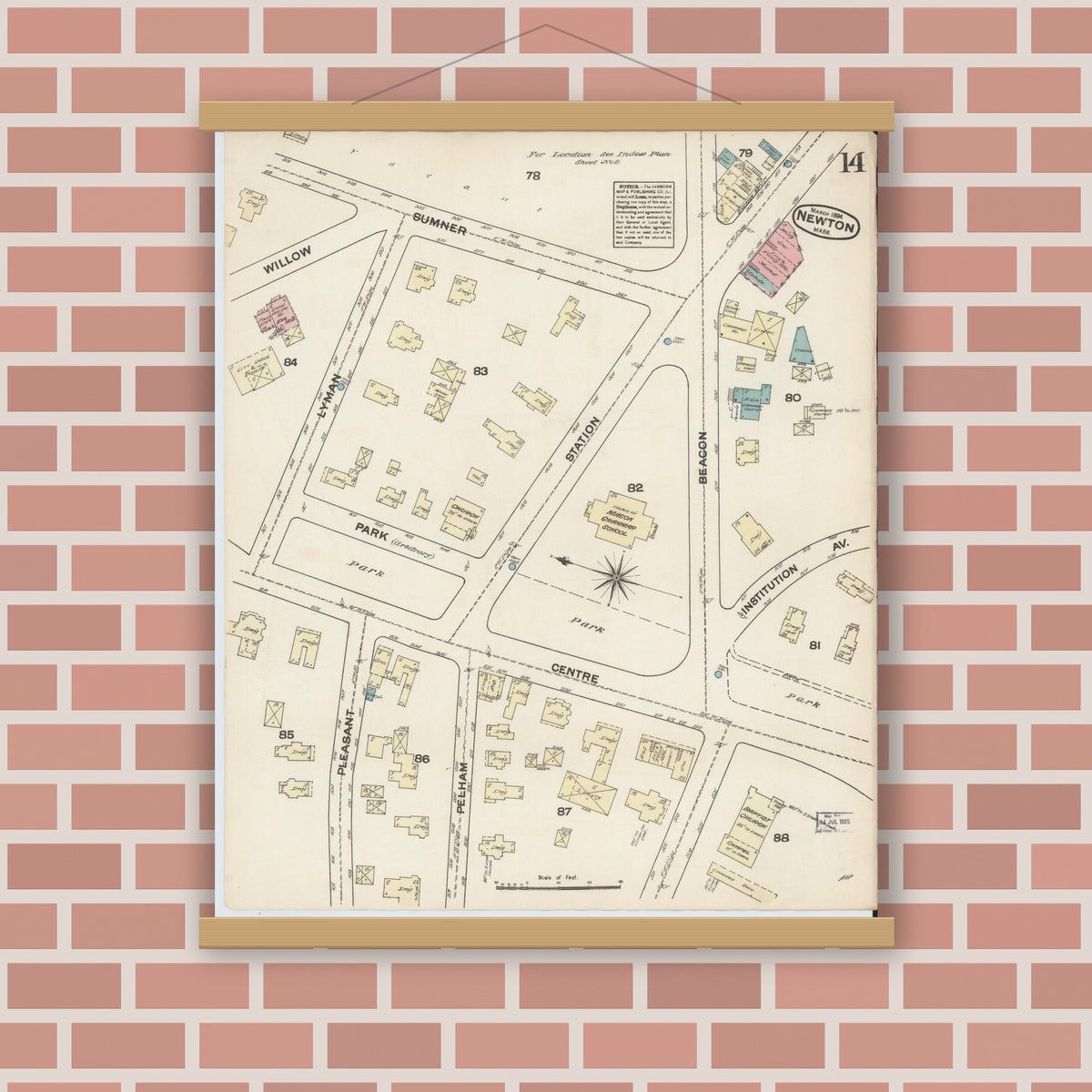 Old map wall art mockup — magnetic wood frame on brick wall — Sanborn Fire Insurance Map from Newton, Middlesex County, Massachusetts (1884), Sheet #0014