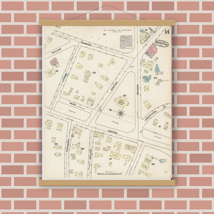 Old map wall art mockup — magnetic wood frame on brick wall — Sanborn Fire Insurance Map from Newton, Middlesex County, Massachusetts (1884), Sheet #0014