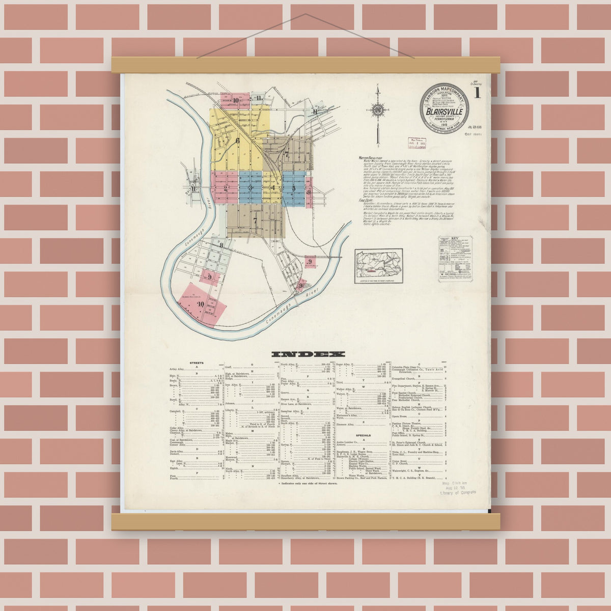 Old map wall art mockup — magnetic wood frame on brick wall — Sanborn Fire Insurance Map from Blairsville, Indiana County, Pennsylvania (1915), Sheet #0001