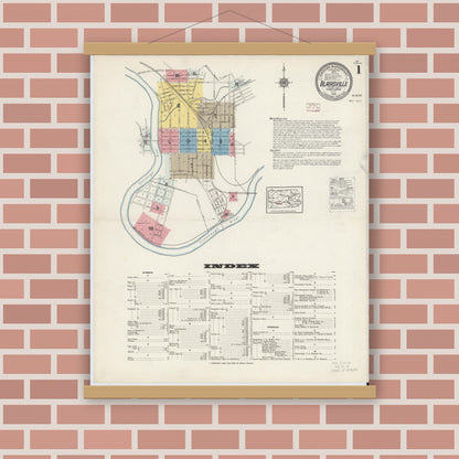 Old map wall art mockup — magnetic wood frame on brick wall — Sanborn Fire Insurance Map from Blairsville, Indiana County, Pennsylvania (1915), Sheet #0001