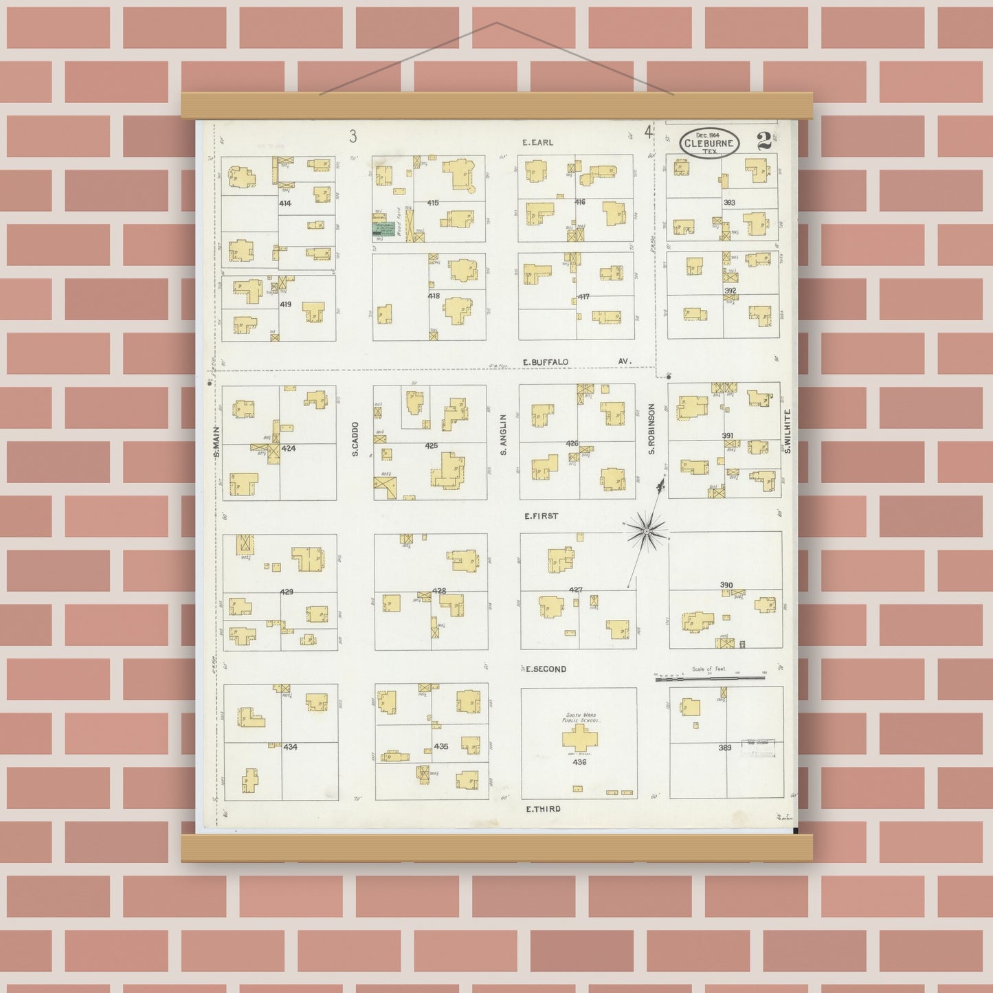 Old map wall art mockup — magnetic wood frame on brick wall — Sanborn Fire Insurance Map from Cleburne, Johnson County, Texas (1904), Sheet #0002