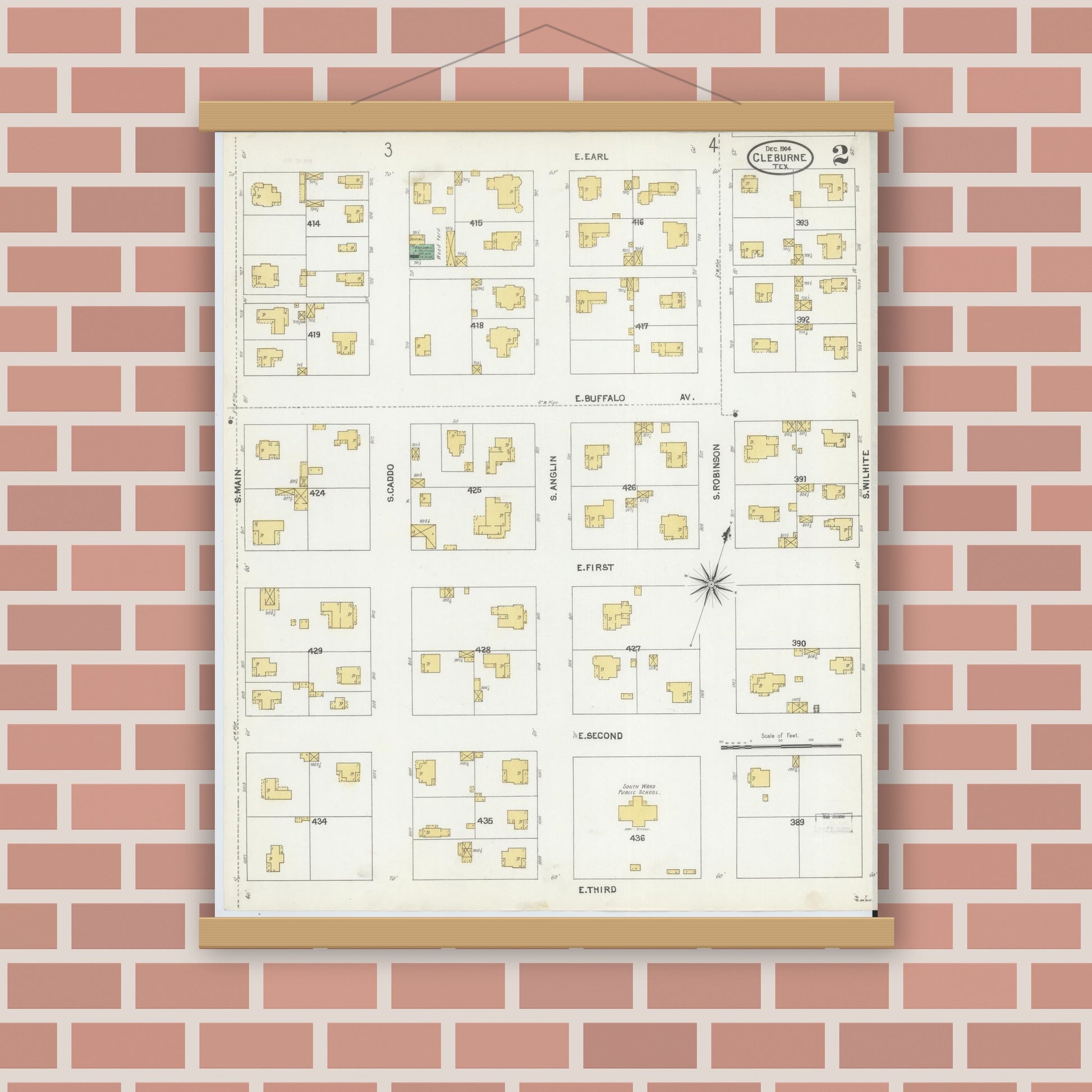 Old map wall art mockup — magnetic wood frame on brick wall — Sanborn Fire Insurance Map from Cleburne, Johnson County, Texas (1904), Sheet #0002