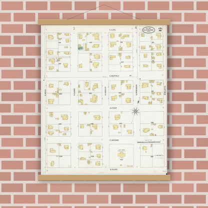 Old map wall art mockup — magnetic wood frame on brick wall — Sanborn Fire Insurance Map from Cleburne, Johnson County, Texas (1904), Sheet #0002