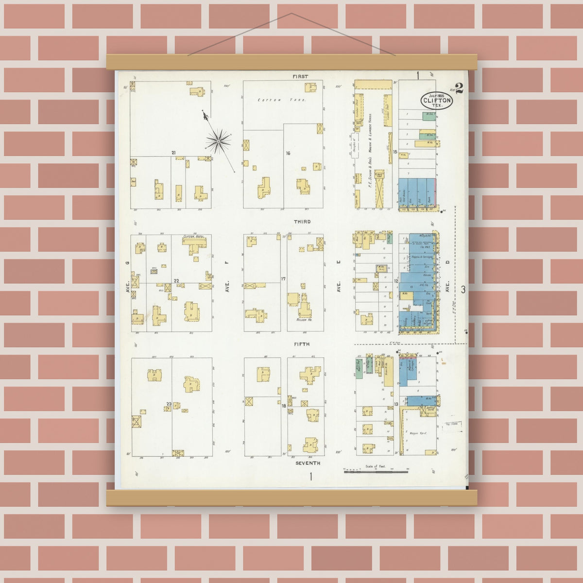 Old map wall art mockup — magnetic wood frame on brick wall — Sanborn Fire Insurance Map from Clifton, Bosque County, Texas (1905), Sheet #0002