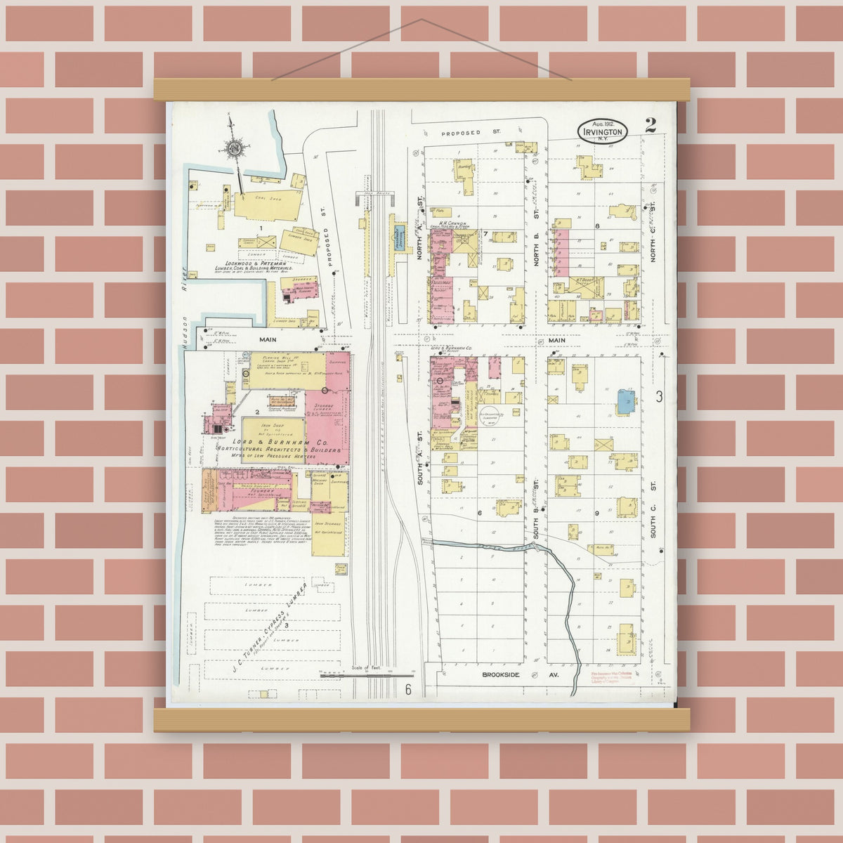 Old map wall art mockup — magnetic wood frame on brick wall — Sanborn Fire Insurance Map from Irvington, Westchester County, New York (1912) - Complete Map Set