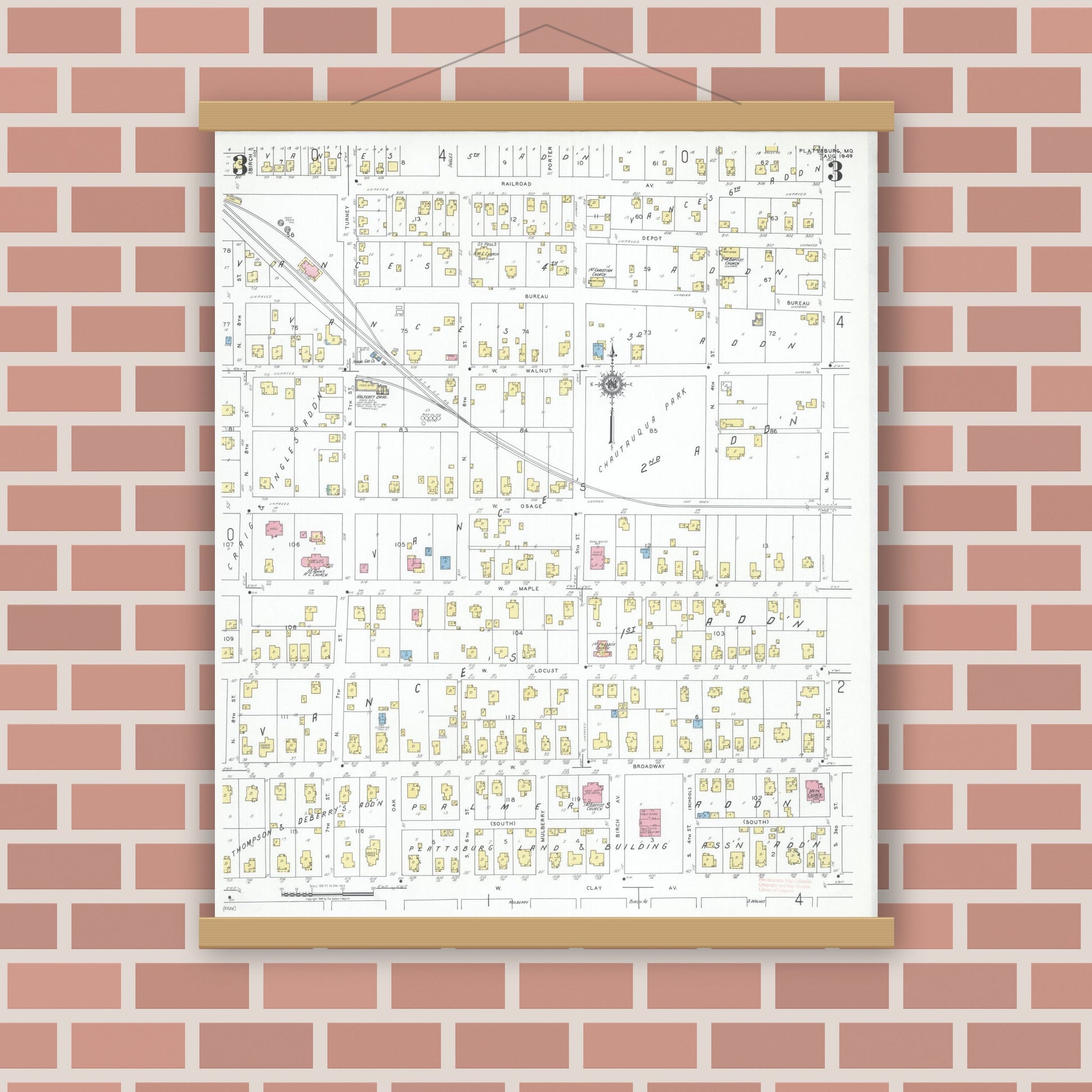 Old map wall art mockup — magnetic wood frame on brick wall — Sanborn Fire Insurance Map from Plattsburg, Clinton County, Missouri (1949), Sheet #0003