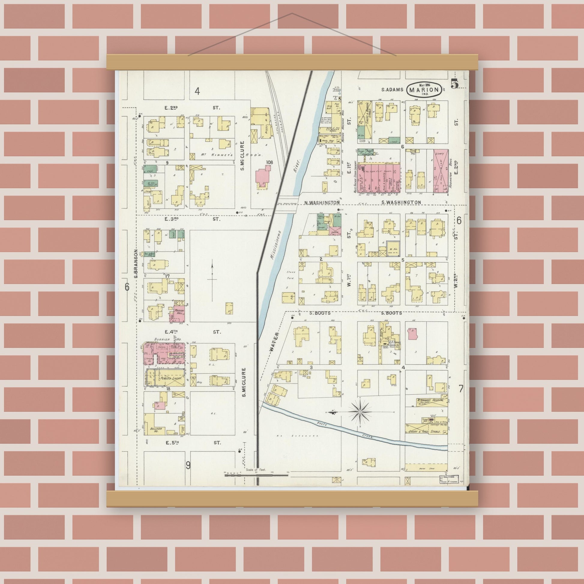 Old map wall art mockup — magnetic wood frame on brick wall — Sanborn Fire Insurance Map from Marion, Grant County, Indiana (1896), Sheet #0005