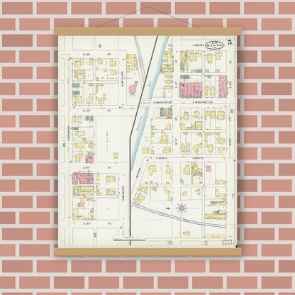 Old map wall art mockup — magnetic wood frame on brick wall — Sanborn Fire Insurance Map from Marion, Grant County, Indiana (1896), Sheet #0005