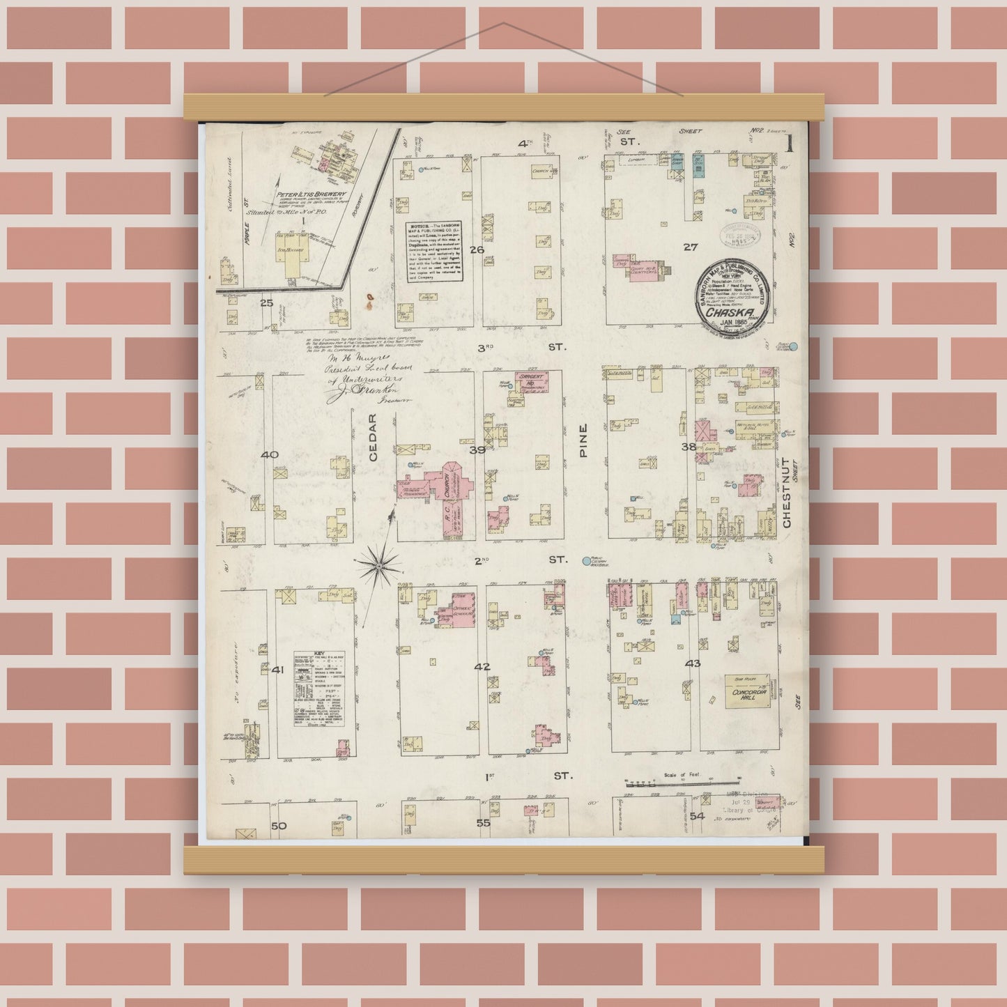 Old map wall art mockup — magnetic wood frame on brick wall — Sanborn Fire Insurance Map from Chaska, Carver County, Minnesota (1885), Sheet #0001