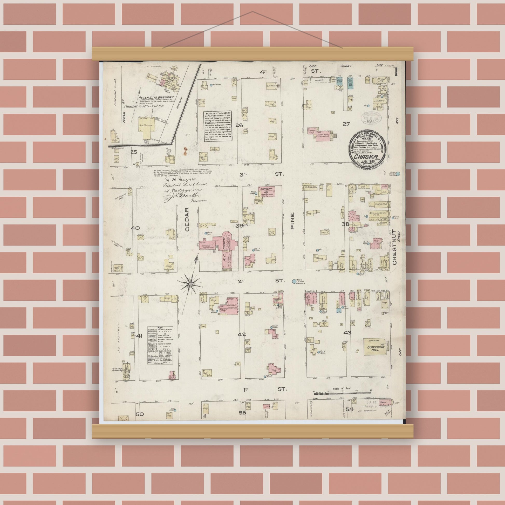 Old map wall art mockup — magnetic wood frame on brick wall — Sanborn Fire Insurance Map from Chaska, Carver County, Minnesota (1885), Sheet #0001