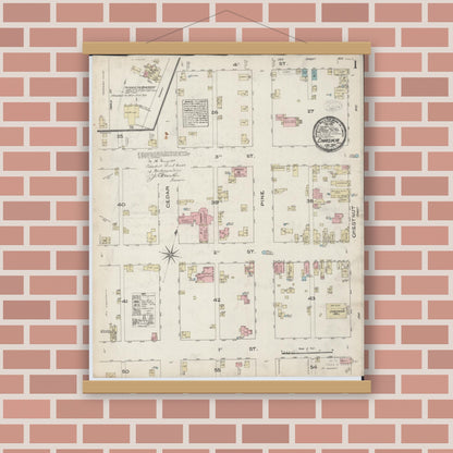 Old map wall art mockup — magnetic wood frame on brick wall — Sanborn Fire Insurance Map from Chaska, Carver County, Minnesota (1885), Sheet #0001