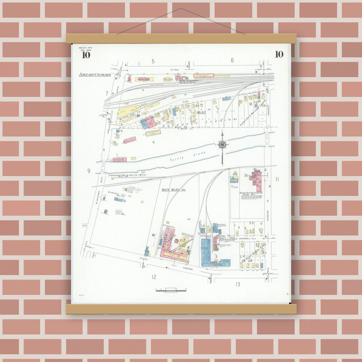 Old map wall art mockup — magnetic wood frame on brick wall — Sanborn Fire Insurance Map from Beloit, Rock County, Wisconsin (1939), Sheet #0010