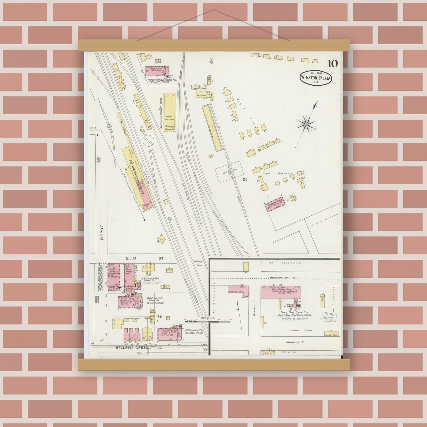 Old map wall art mockup — magnetic wood frame on brick wall — Sanborn Fire Insurance Map from Winston-Salem, Forsyth County, North Carolina (1895), Sheet #0010