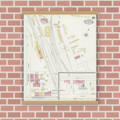 Old map wall art mockup — magnetic wood frame on brick wall — Sanborn Fire Insurance Map from Winston-Salem, Forsyth County, North Carolina (1895), Sheet #0010
