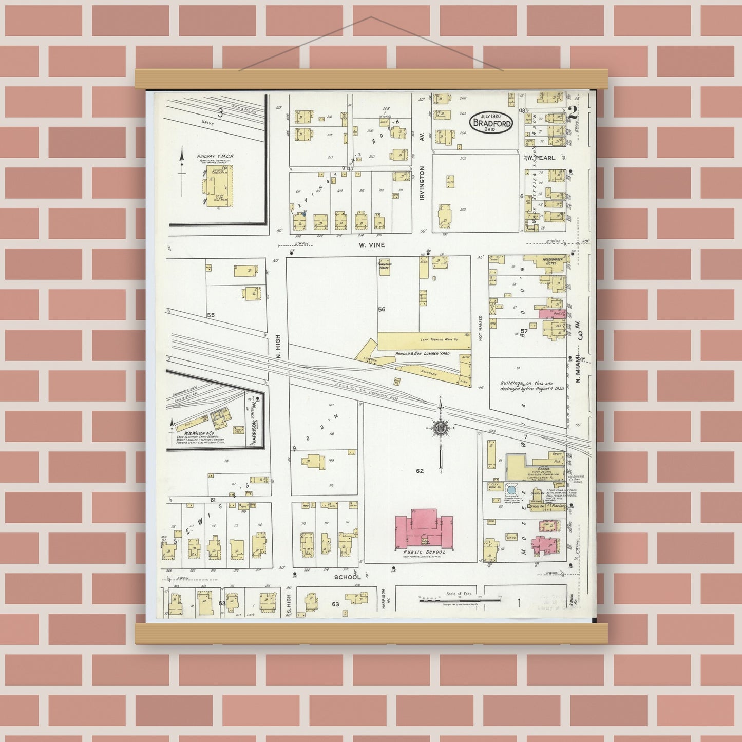 Old map wall art mockup — magnetic wood frame on brick wall — Sanborn Fire Insurance Map from Bradford, Darke and Miami Counties, Ohio (1920), Sheet #0002